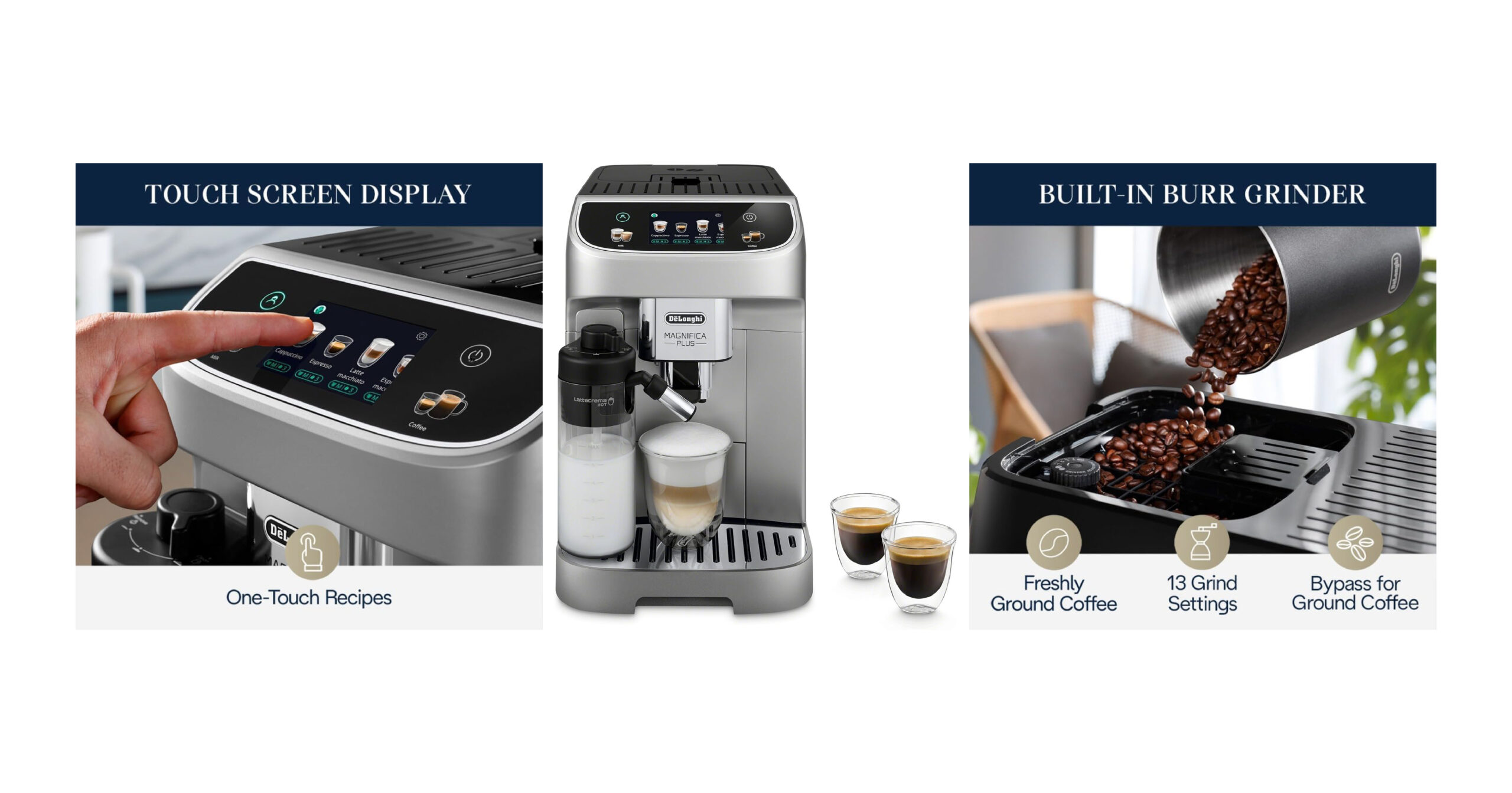 De’Longhi Magnifica Plus fully automatic espresso machine with touchscreen